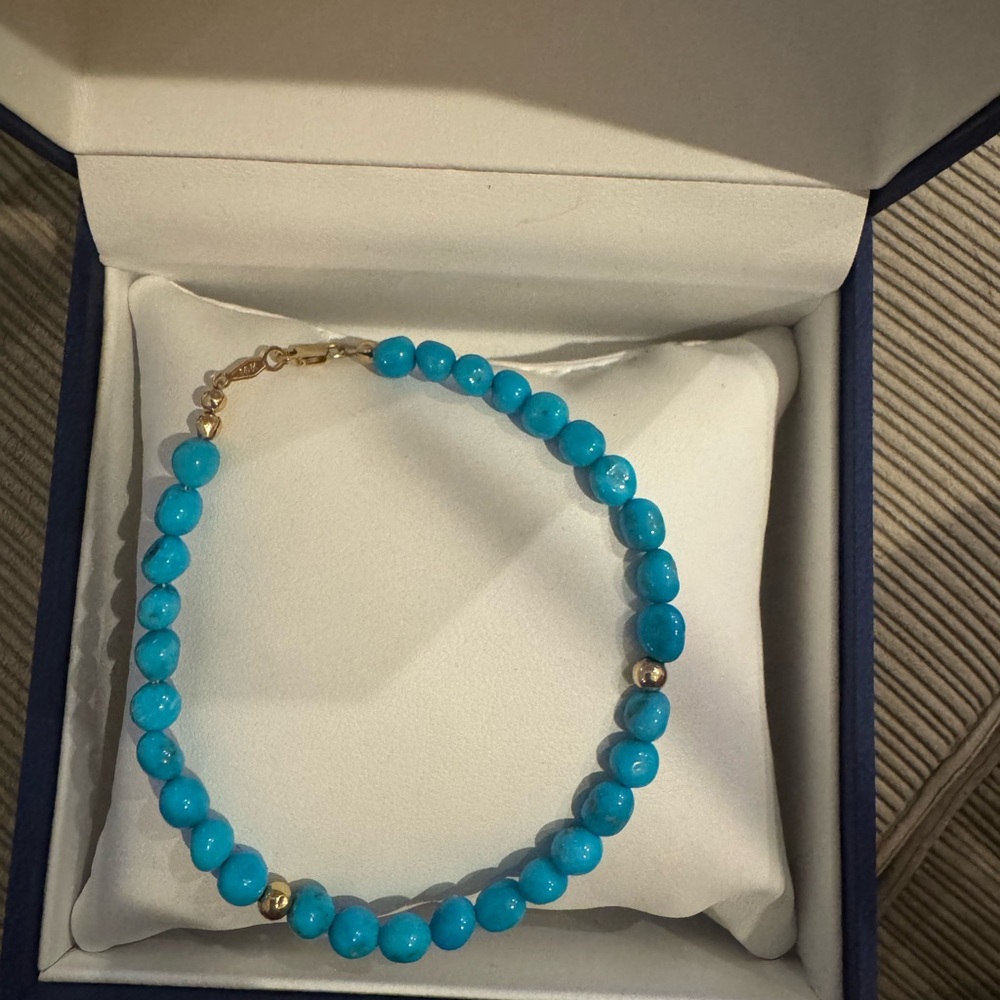 14k Real Yellow Gold Handmade Sleeping Beauty Turquoise Beaded Bracelet